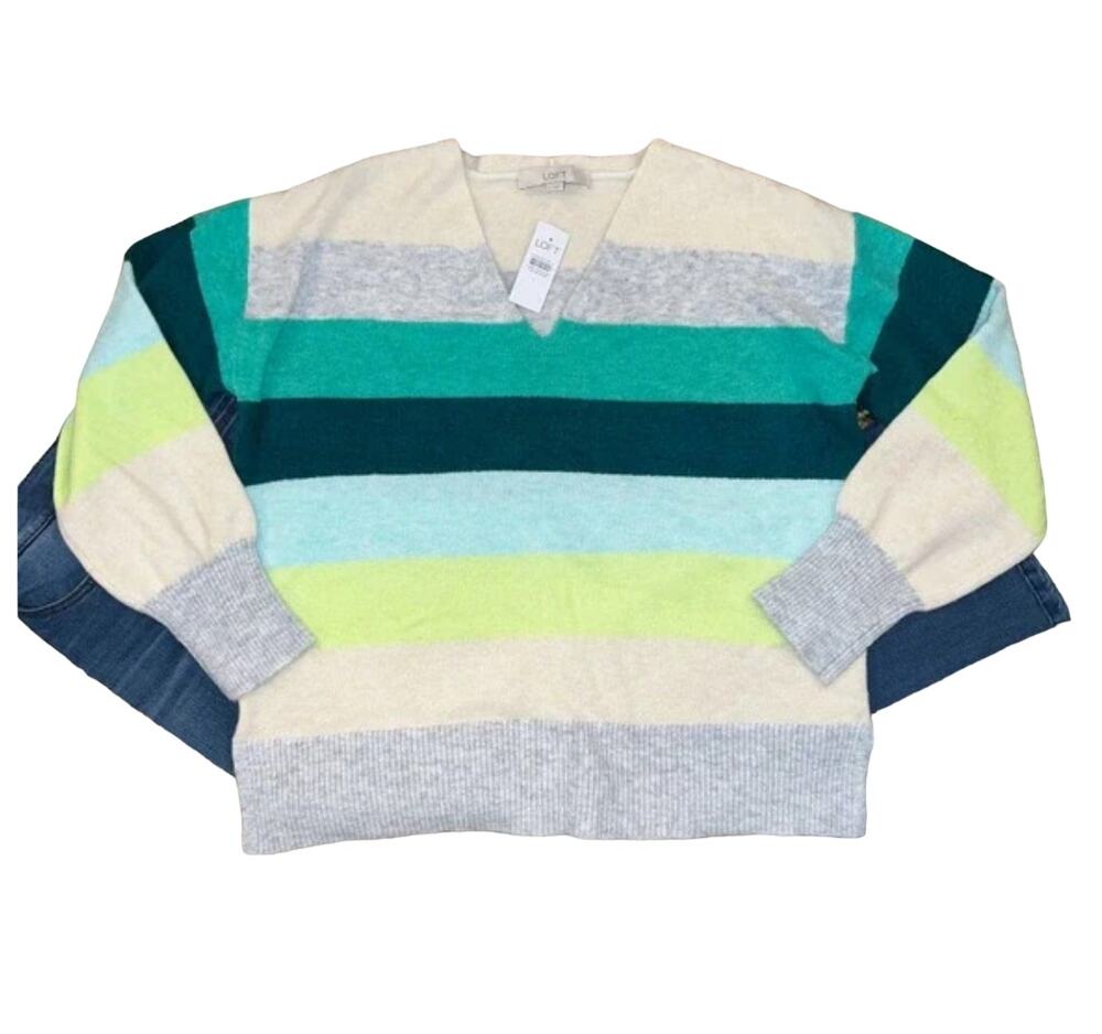 NWT LOFT Green, Grey & Ivory Striped Relaxed V-Neck Sweater - SIZE LARGE